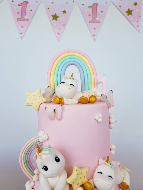 istock Birthday cake with unicorns and rainbow 1322757754