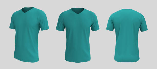 men's short-sleeve t-shirt mockup in front, side and back views stock photo