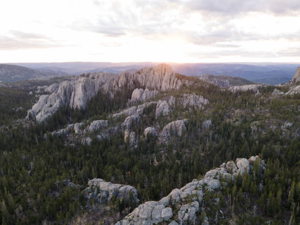 Aerial View of Black Elk Peak and the Black Hills at Sunset Drone view of granite peaks in the Black Hills National Forest of South Dakota at sunset. custer state park stock pictures, royalty-free photos & images