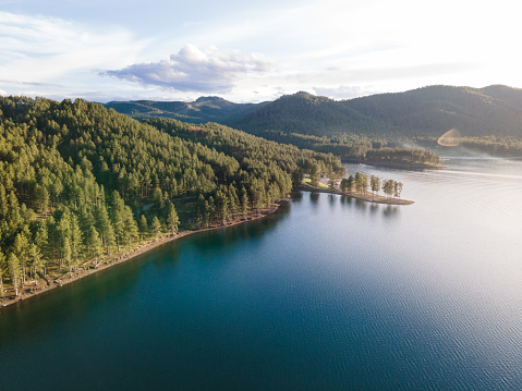 Drone view of the beautiful Pactola Lake in the Black Hills National Forest in South Dakota.