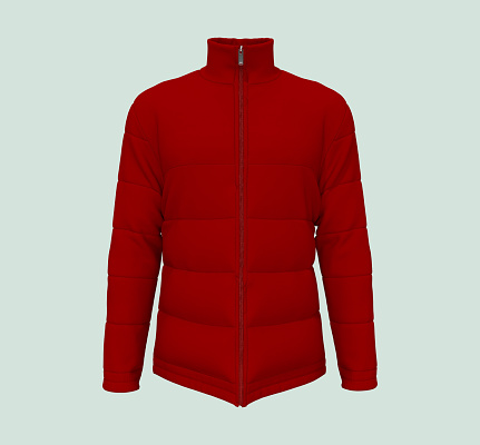 Men's warm sport puffer jacket isolated over white background, jacket design presentation. 3d rendering, 3d illustration