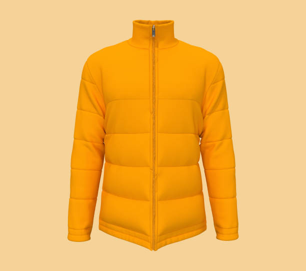 Men's warm sport puffer jacket isolated over yellow background