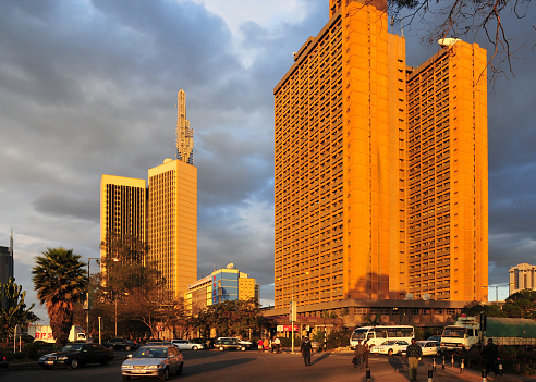 Nairobi, Kenya: Kenyatta Avenue - Nyayo House (named after Moi’s philosophy of peace, love and unity, government building infamous for its torture chambers), Posta House (Postal Corporation of Kenya) and the Teleposta Towers, Times tower in the background - Central business district skyline.