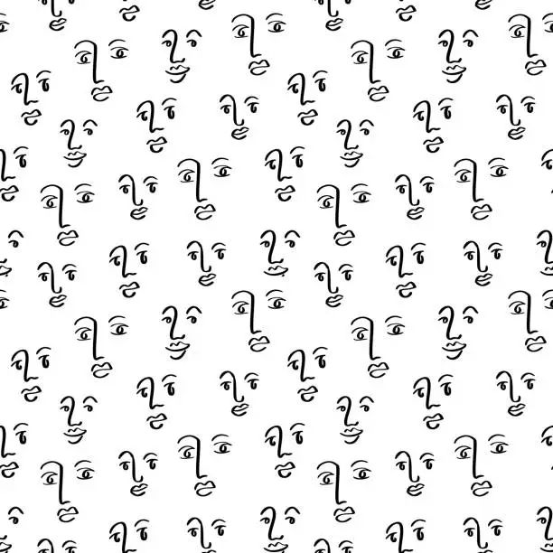 Vector illustration of Face line art seamless pattern with abstract doodle eyes, nose, lips. Simple style print design with hand drawn faces. Hipster graphic pattern for packaging, fabric design. Vector illustraton ornament.