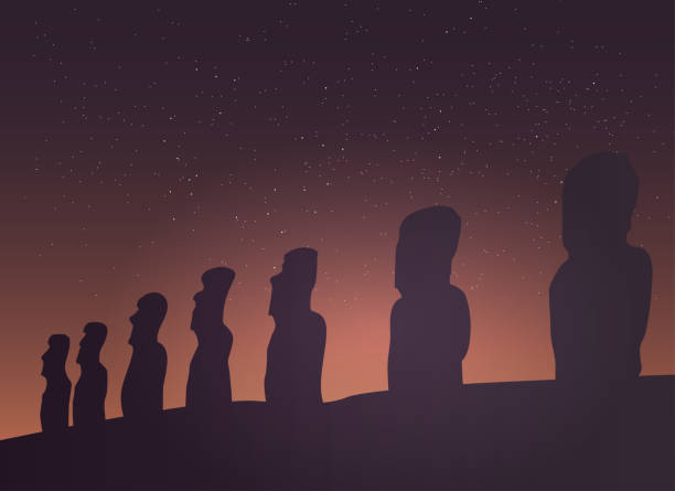 illustrazioni stock, clip art, cartoni animati e icone di tendenza di il moai sull'isola di pasqua, il paesaggio cileno - easter island moai statue chile sculpture