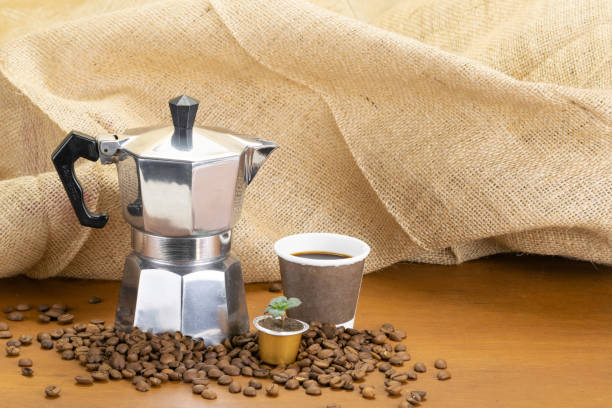 istock Recyclable cup , Italian coffee maker and plant in coffee capsule 1322773185