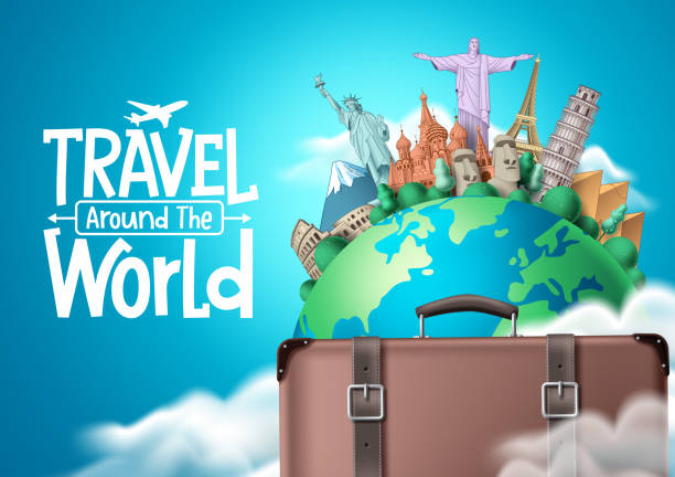 istock Travel the world vector design. Travel around the world text with traveler suitcase elements 1322775859