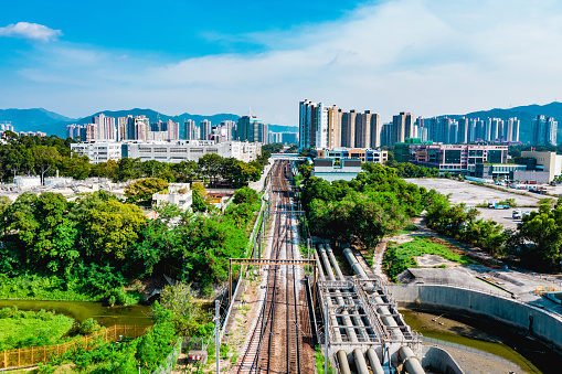 Aerial view of a railway in Sheung Shui, Hong Kong