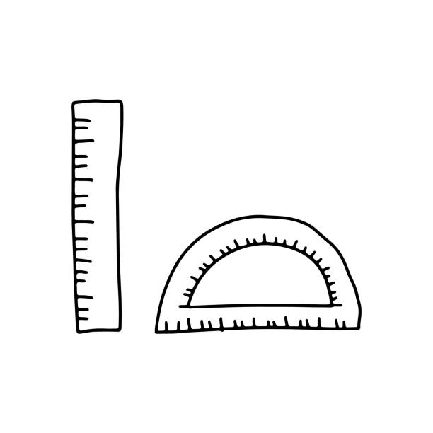 Hand drawn doodle sketch style vector illustration of rectangular ruler and protractor. Black isolated on white background. Hand drawn doodle sketch style vector illustration of rectangular ruler and protractor. Black isolated on white background. ruler illustrations stock illustrations