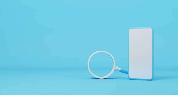istock Mobile Smartphone and magnifying glass on light blue background. Searching information data in smart phone on internet networking concept. 3d illustration 1322786635