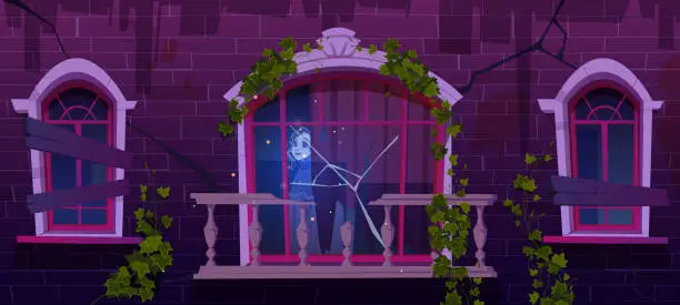 Vector illustration of Old haunted house with woman ghost in window