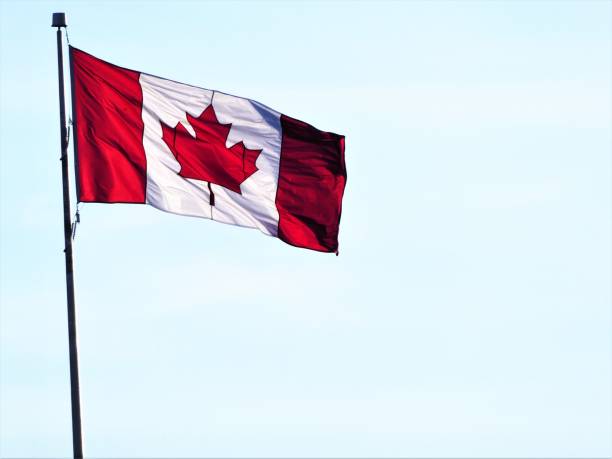 istock Canadian Flag Blowing in the Wind With a Blue Sky Background 1322787645