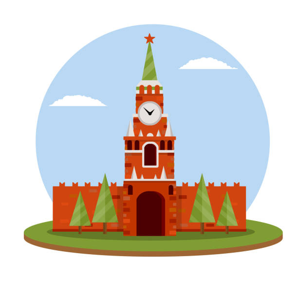 Moscow kremlin. Tourist destination for tour to capital. Moscow's kremlin. Residence of the Russian. President on red square. Tourist destination for tour to capital. Fortress with a tower and wall. Tourist attraction. Cartoon flat illustration. kremlin stock illustrations
