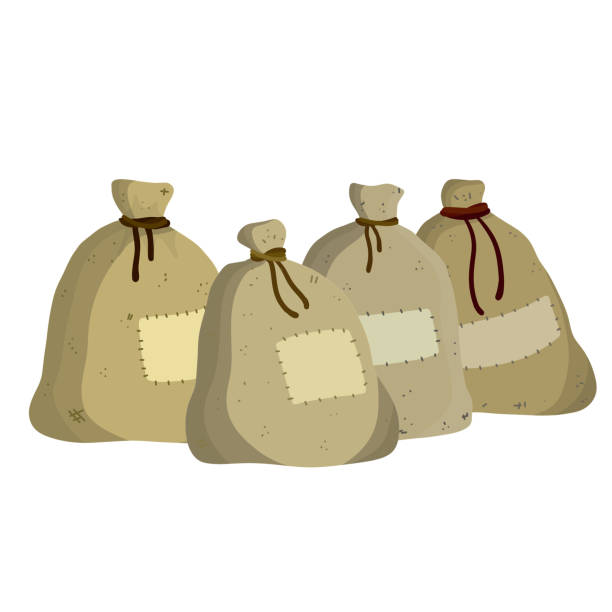 leinwand-sackleinen-tasche. cartoon flache illustration. rustikales element für mühle. verpackung zur lagerung von getreide und mehl. - coffee sack bag warehouse stock-grafiken, -clipart, -cartoons und -symbole