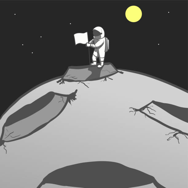 alone and lost in space lonely astronaut holding blank flag on the surface of unknown planet lost in space stock illustrations