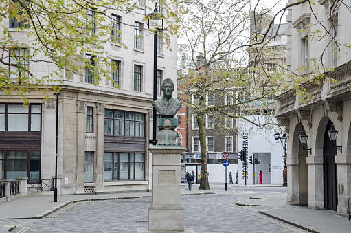 London, UK - April 21, 2021: Monument to Jawaharlal Nehru - former Indian Prime Minister - outside the Indian High Commission on India Place in central London.