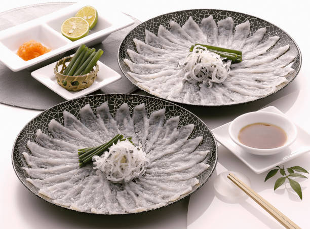 Torafugu sashimi Beautifully presented high-class ingredients, tiger blowfish sashimi fugu sashimi pufferfish stock pictures, royalty-free photos & images