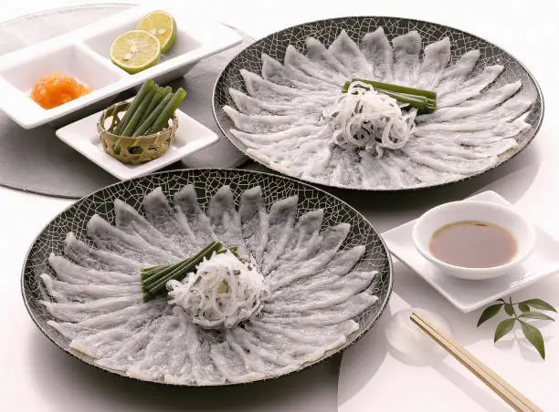 Beautifully presented high-class ingredients, tiger blowfish sashimi