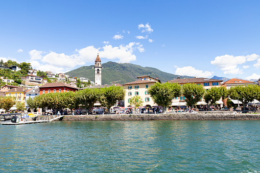 Switzerland, Ascona, 1 Sept 20. View on the waterfront from a passenger boat on the lago Maggiore