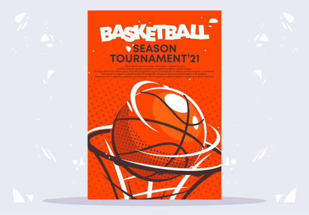 vektor-illustration einer postervorlage für ein basketballturnier, ein basketballball fliegt in den ring - basketball stock-grafiken, -clipart, -cartoons und -symbole