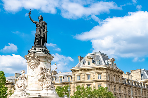 Paris, France - July 18, 2017: Lot of people enjoying day and relaxing on Trocadero square and garden with Eiffel Tower in background. Sunny evening just before sunset.