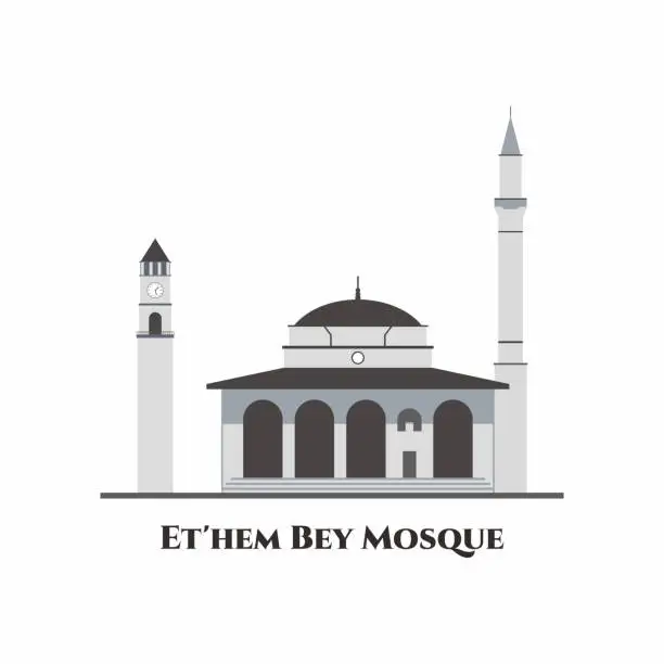 Vector illustration of The Hajji Et'hem Bey Mosque in Tirana, Albania. This is the most beautiful mosque in the whole Albania. One of the oldest and historical buildings and well worth a visit. Flat vector illustration