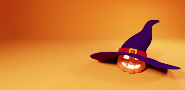 istock Halloween Little Funny Lantern Jack Pumpkin Under Huge Witch Hat. Rendering from 3D. 1322795693