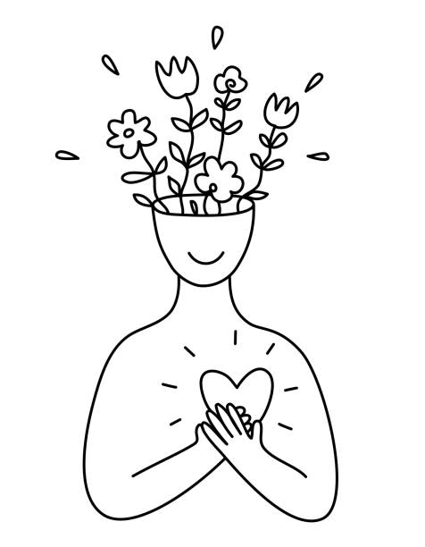 ilustrações, clipart, desenhos animados e ícones de uma pessoa feliz com pensamentos alegres e amor em seu coração. silhueta de um homem com um coração brilhante e flores na cabeça. o conceito de pensamento positivo, despertar, amor. ilustração vetorial em preto e branco. contorno desenhando isolado  - human mind