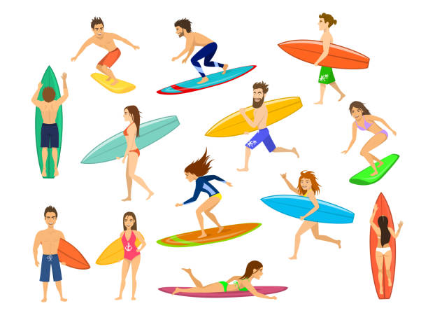 surfer gesetzt. männer und frauen surfen, wellen reiten, stehen, laufen, laufen, schwimmen - surfing surf wave men stock-grafiken, -clipart, -cartoons und -symbole