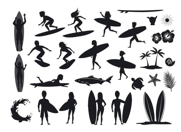 illustrations, cliparts, dessins animés et icônes de surfeurs silhouettes ensemble. hommes et femmes surfant, surfant sur des vagues, debout, marchant, courent, nagent avec des planches de surf - horizontal men women surfboard