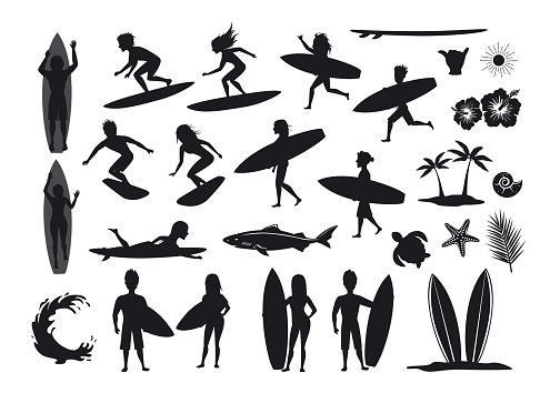 surfers silhouettes set. men and women surfing, riding waves, stand, walk, run, swim with surfboards, symbols design decoration, palm tree, leaf, turtle, shark, hand, hibiscus, wave, sun