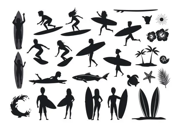 Vector illustration of surfers silhouettes set. men and women surfing, riding waves, stand, walk, run, swim with surfboards