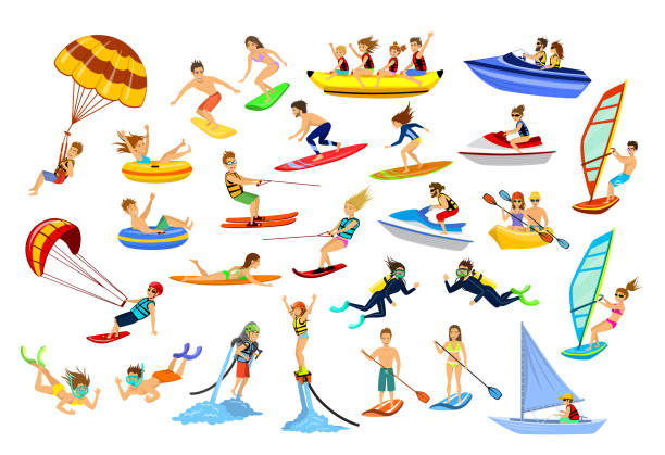 летние водные пляжные виды спорта, мероприятия - rowboat nautical vessel men cartoon stock illustrations