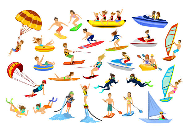 Summer water beach sports, activities Summer water beach sports, activities. People, man, woman, couple, family windsurfing, surfing, jet skiing, stand up paddle boarding, snorkeling, scuba diving, tubing, riding speed boat and banana float, fly boarding, kayaking, parasailing, wake boarding, kite surfing, water skiing, water sport stock illustrations