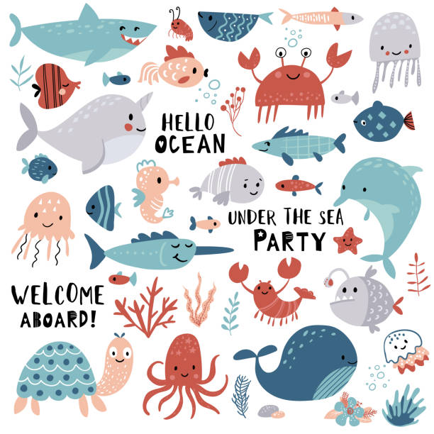 ilustraciones, imágenes clip art, dibujos animados e iconos de stock de lindos animales marinos. - anglerfish