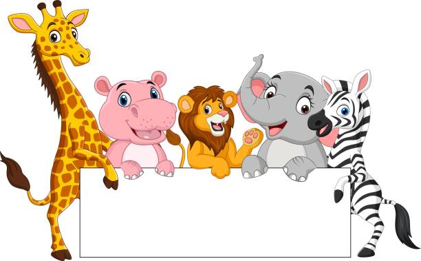 cartoon wilde tiere mit leerem zeichen - tropical rainforest animal cartoon lion stock-grafiken, -clipart, -cartoons und -symbole