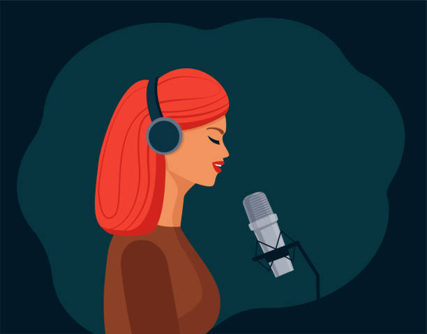 A beautiful girl with headphones sings into the microphone and records a podcast, blog, or song. vector art illustration