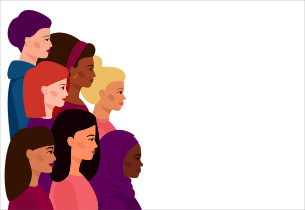 A group of girls with different skin and hair colors. vector art illustration