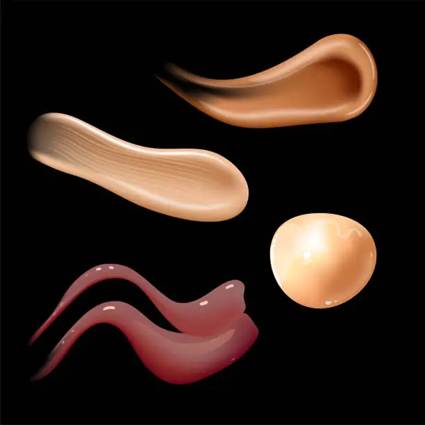 Vector illustration of Set of realistic cosmetic cream smears. Skin toner of different body colors. Lotion smooth smear isolated vector texture on black background.