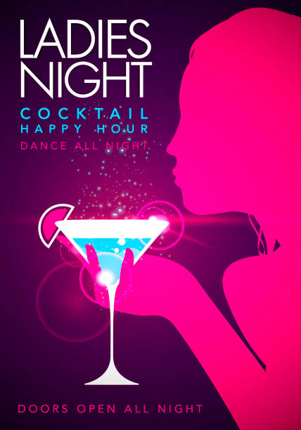 illustrazioni stock, clip art, cartoni animati e icone di tendenza di vector party ladys night flyer modello di design con bicchiere da cocktail - nightlife party group of people martini