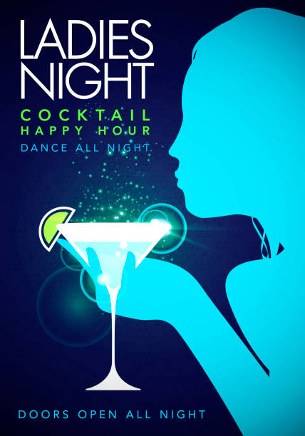 вектор партии леди ночь листовки дизайн шаблона с коктейльным бокалом - nightlife party group of people martini stock illustrations