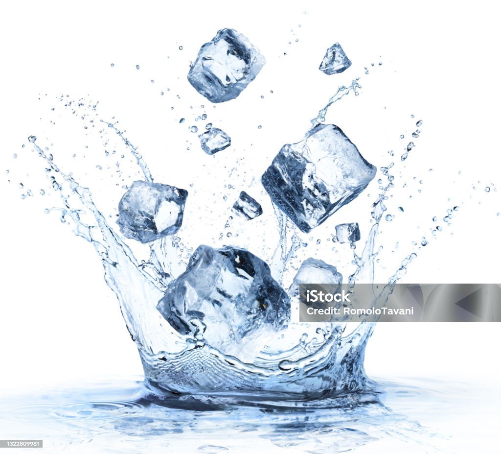 Ice Cubes Falling In Cold Water With Splash - Refreshment Concept Ice Cubes Splashing In Water - Cool Concept Ice Stock Photo