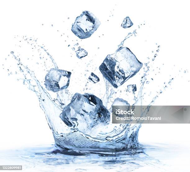 Ice Cubes Falling In Cold Water With Splash Refreshment Concept Stock Photo - Download Image Now