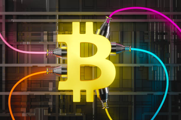 Energy consumption of Bitcoin mining Illustration of the environmentally problematic power consumption of Bitcoin mining; 3d render cryptocurrency mining stock pictures, royalty-free photos & images