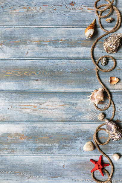 istock Summer interior decoration with starfishes, seashells, ropes and bottles with stones on blue wooden background. Copy space. Still life. Flat lay 1322810073