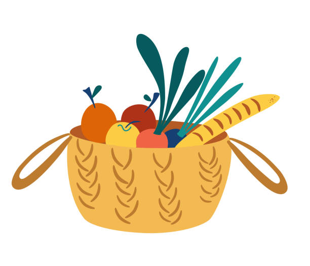 Wicker basket with groceries. Picnic basket with healthy organic food. Caring for the environment concept. Eco-food shopping. Harvesting the crop. Vector cartoon illustration for banner, magazine. Wicker basket with groceries. Picnic basket with healthy organic food. Caring for the environment concept. Eco-food shopping. Harvesting the crop. Vector cartoon illustration for banner, magazine. basket of fruit stock illustrations