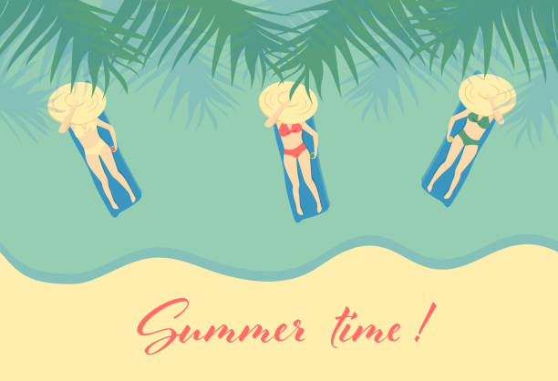 istock Vector illustration vertical card with three girls in swimsuits on the mattresses floating in the blue sea, top view. Phrase Summer time! 1322810253