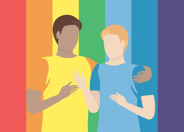 Two different skin colour men against rainbow background. Pride month concept. LGBTQ concept.  Equality and love protection. Two different skin colour men against rainbow background. Pride month concept. LGBTQ concept.  Equality and love protection. solidarity labor union stock illustrations