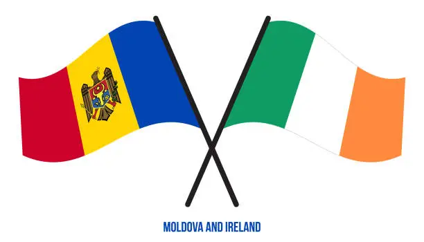 Vector illustration of Moldova and Ireland Flags Crossed And Waving Flat Style. Official Proportion. Correct Colors.