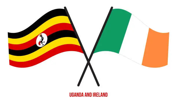 Vector illustration of Uganda and Ireland Flags Crossed And Waving Flat Style. Official Proportion. Correct Colors.